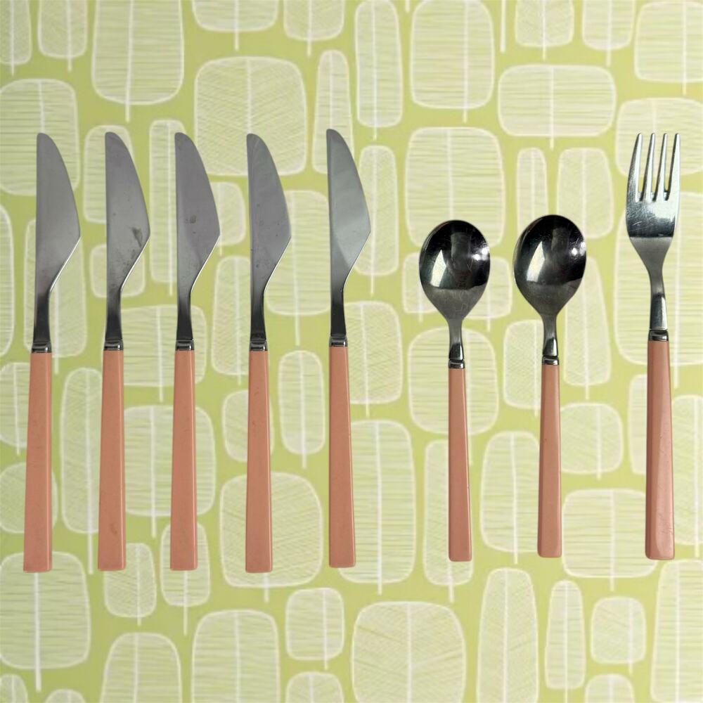 VTG Set of 8 Stainless Flatware Pink Plastic Handle Japan Knives Tea Spoon Forks